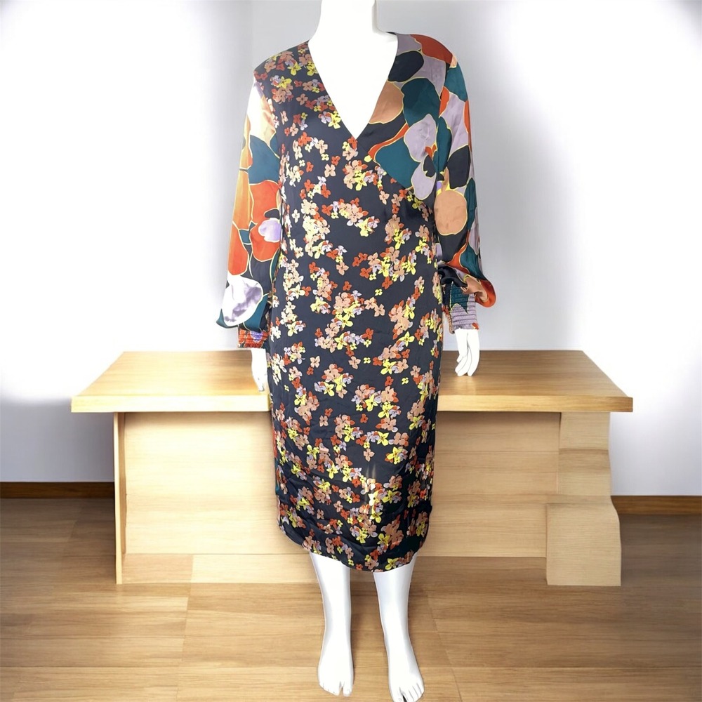 Anthropologie Atelier Blue Floral‎ Wrap Midi Dress Black Orange Teal Smocked Med